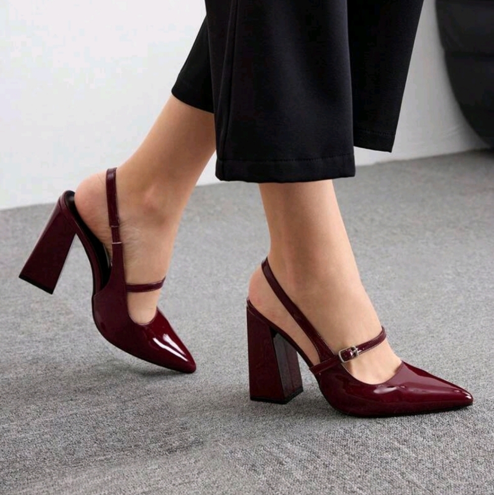 Pointed Toe Slingback Block Heel Pumps in Burgundy.  Brand G photo added